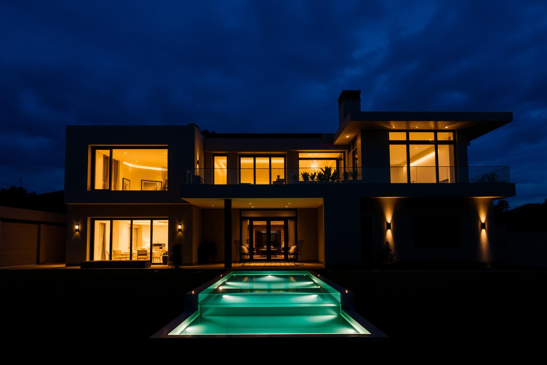 Modern luxury villa at dusk